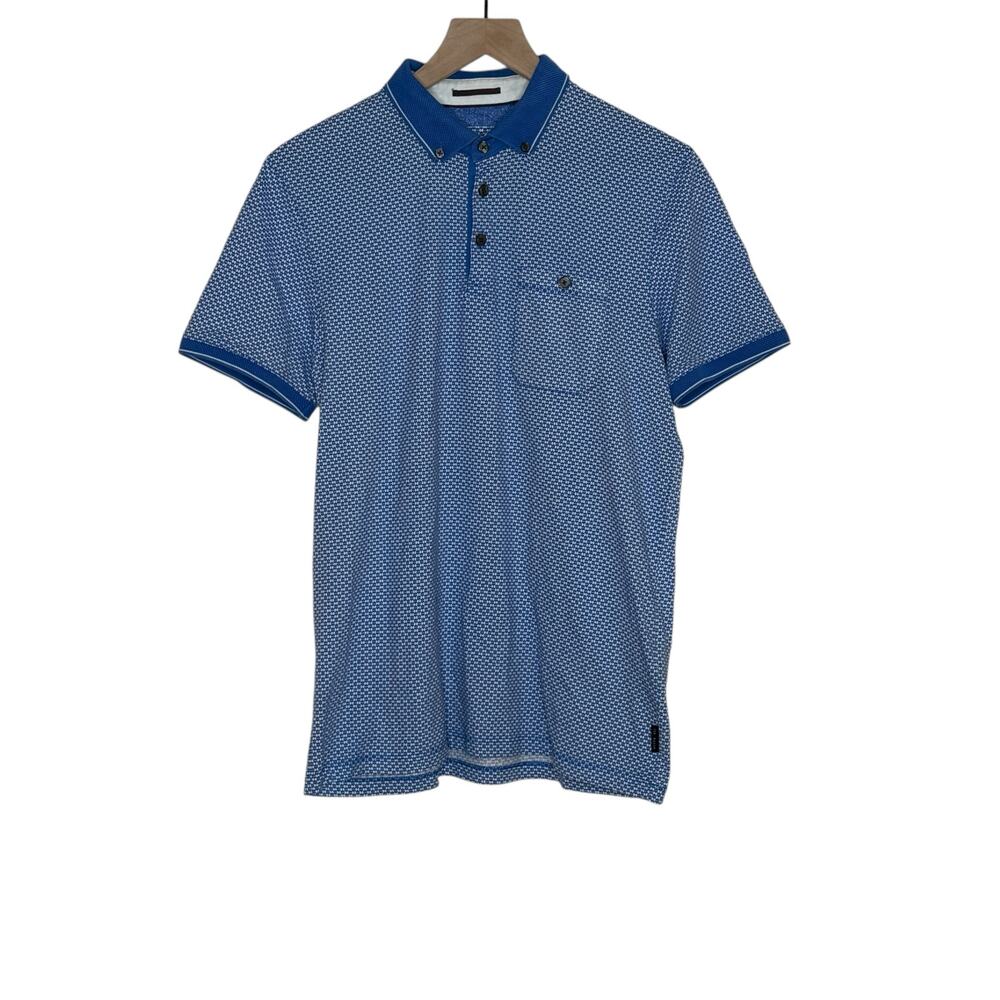 Ted Baker London Blue And white Geometric Print Polo Shirt Mens Size EU 4